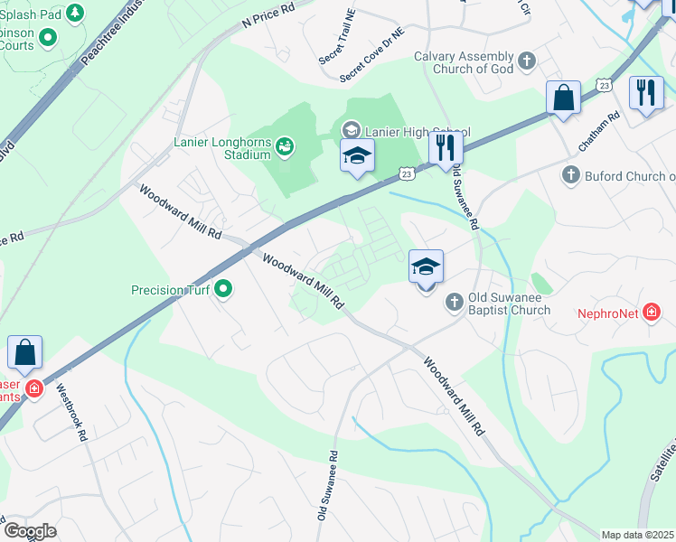 map of restaurants, bars, coffee shops, grocery stores, and more near 4802 Larkin Pass in Buford