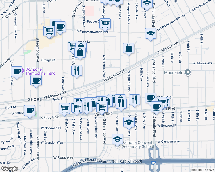 map of restaurants, bars, coffee shops, grocery stores, and more near 1008 South Marengo Avenue in Alhambra