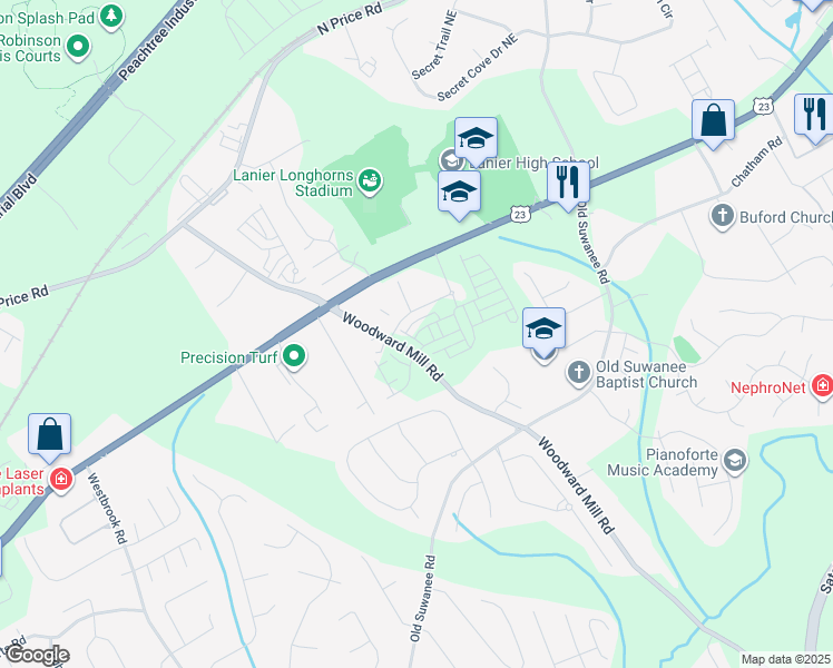 map of restaurants, bars, coffee shops, grocery stores, and more near 4225 Woodward Mill Road in Buford