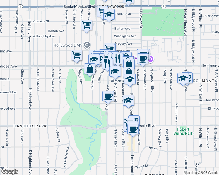 map of restaurants, bars, coffee shops, grocery stores, and more near 570 North Rossmore Avenue in Los Angeles