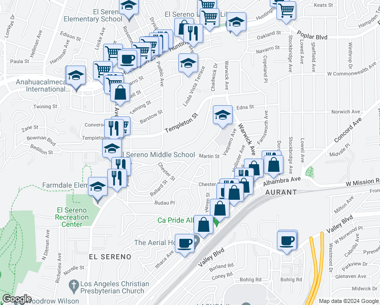 map of restaurants, bars, coffee shops, grocery stores, and more near 5101 Martin Street in Los Angeles