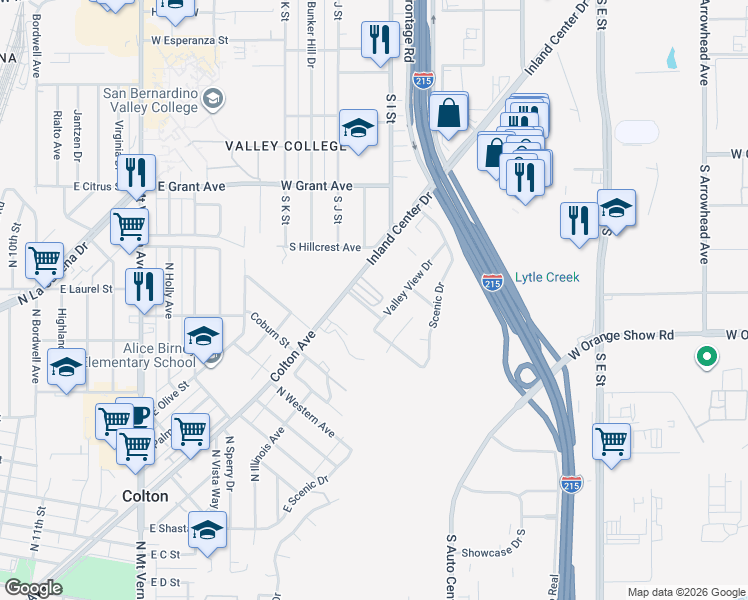 map of restaurants, bars, coffee shops, grocery stores, and more near 955 Inland Center Drive in San Bernardino