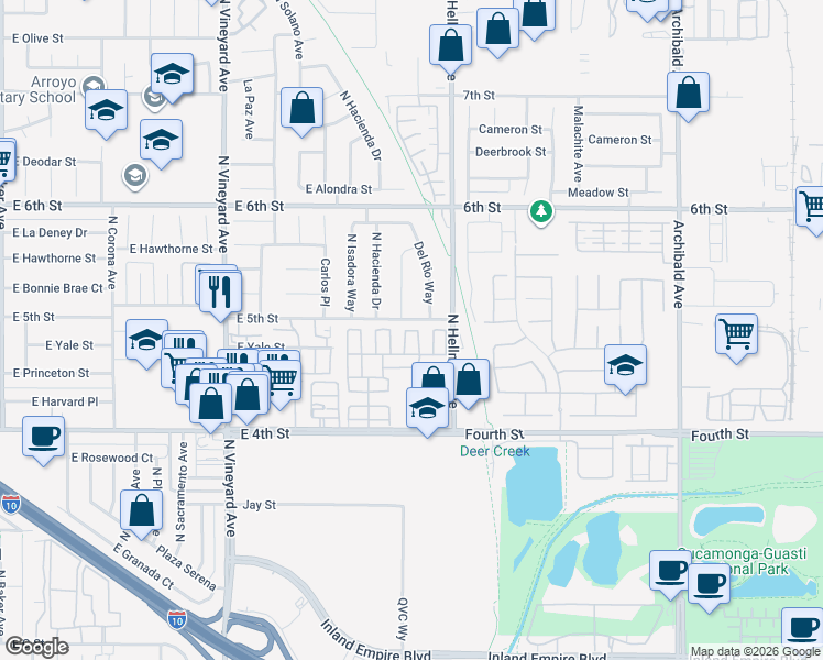map of restaurants, bars, coffee shops, grocery stores, and more near 2139 East 4th Street in Ontario