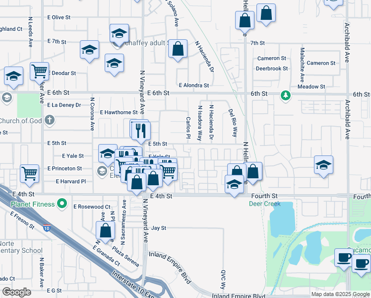 map of restaurants, bars, coffee shops, grocery stores, and more near 2024 East 5th Street in Ontario