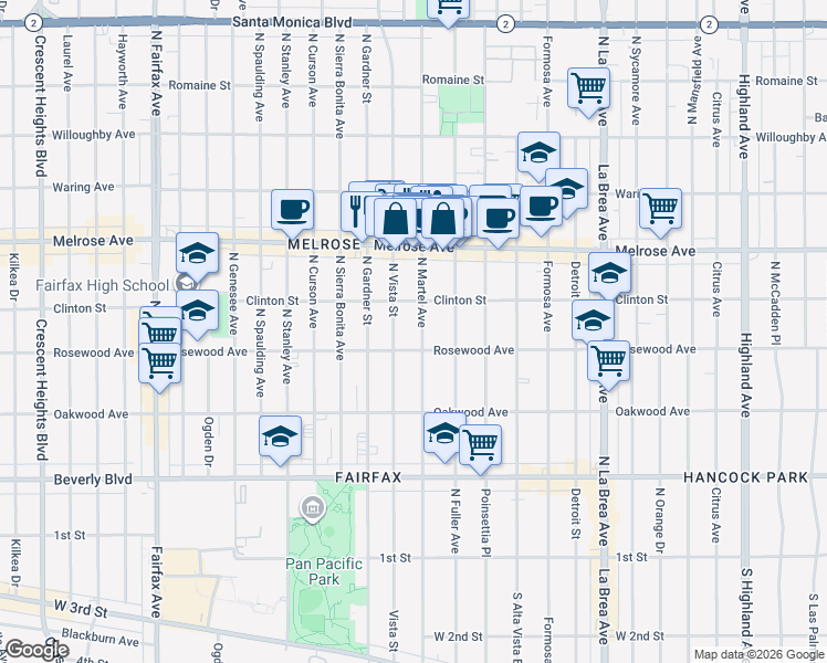 map of restaurants, bars, coffee shops, grocery stores, and more near 543 North Martel Avenue in Los Angeles