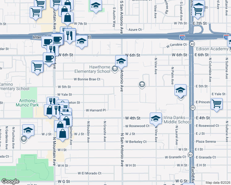 map of restaurants, bars, coffee shops, grocery stores, and more near 1242 North Cypress Avenue in Ontario