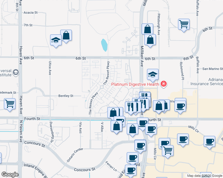 map of restaurants, bars, coffee shops, grocery stores, and more near Renewal Drive in Rancho Cucamonga