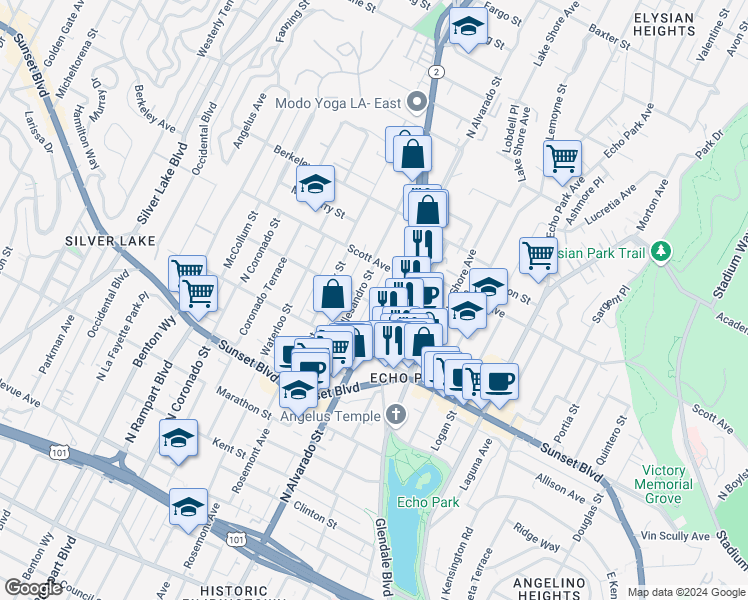 map of restaurants, bars, coffee shops, grocery stores, and more near 2111 Montana Street in Los Angeles