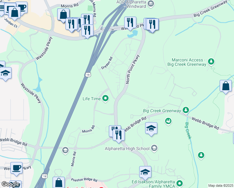 map of restaurants, bars, coffee shops, grocery stores, and more near 12385 Morris Road in Alpharetta