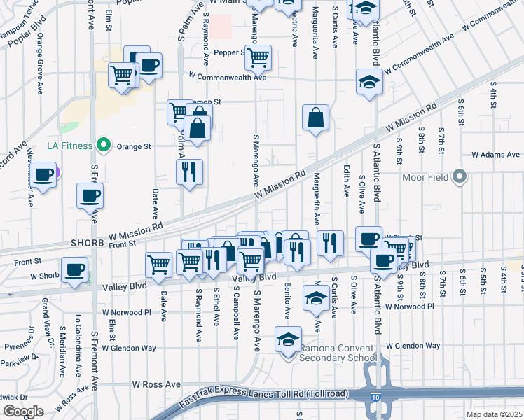 map of restaurants, bars, coffee shops, grocery stores, and more near 1008 South Marengo Avenue in Alhambra
