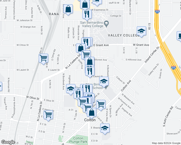 map of restaurants, bars, coffee shops, grocery stores, and more near 1320 North Mount Vernon Avenue in Colton