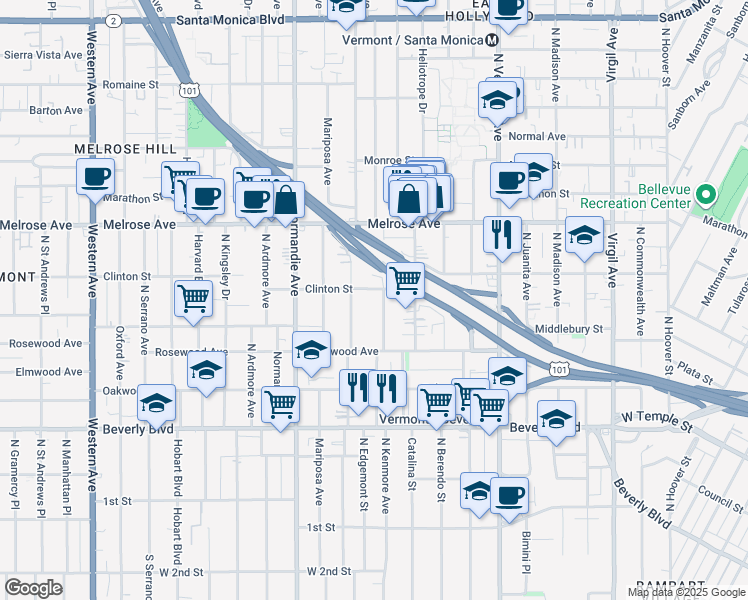 map of restaurants, bars, coffee shops, grocery stores, and more near 4321 Clinton Street in Los Angeles