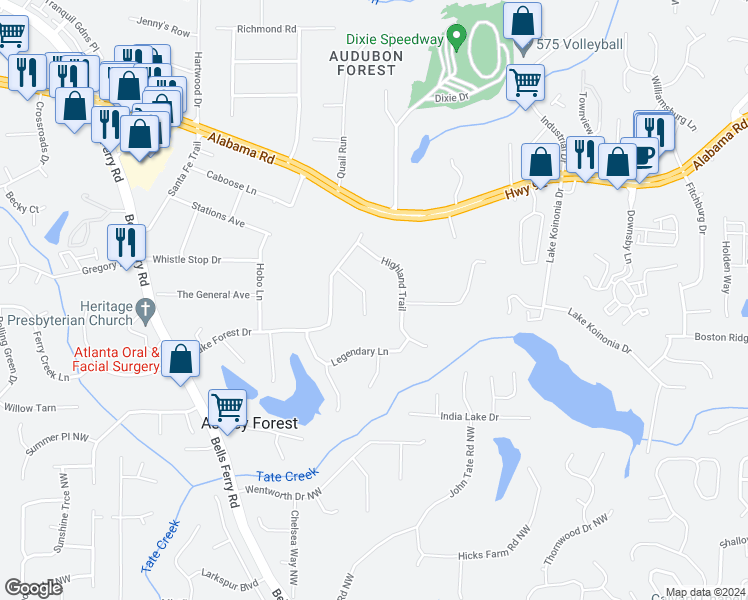 map of restaurants, bars, coffee shops, grocery stores, and more near 5214 Valley Tarn in Acworth