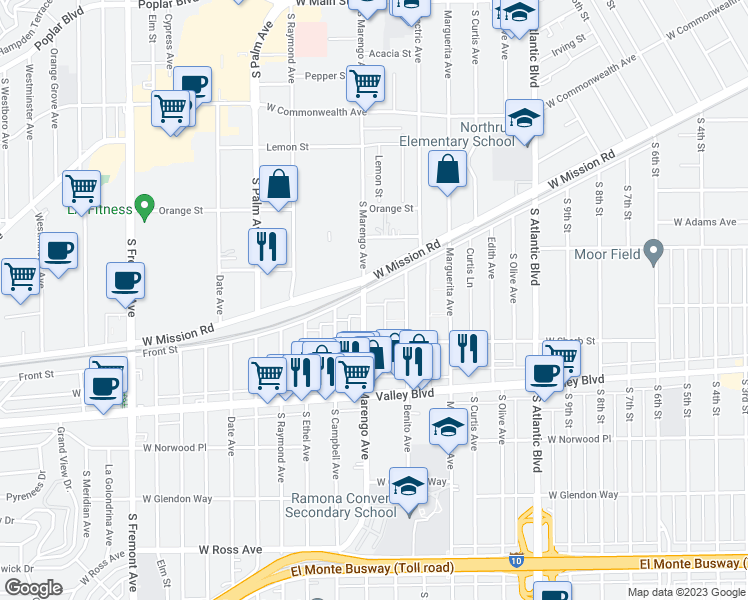 map of restaurants, bars, coffee shops, grocery stores, and more near 1008 South Marengo Avenue in Alhambra