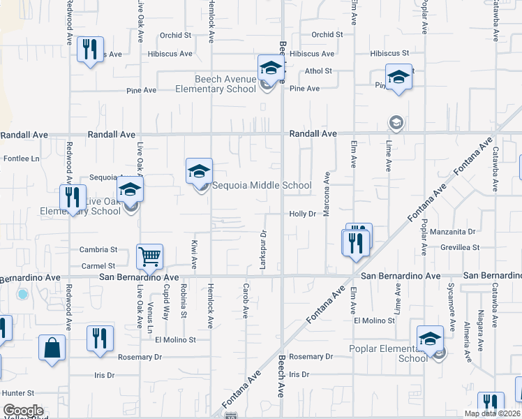 map of restaurants, bars, coffee shops, grocery stores, and more near 15250 Holly Drive in Fontana
