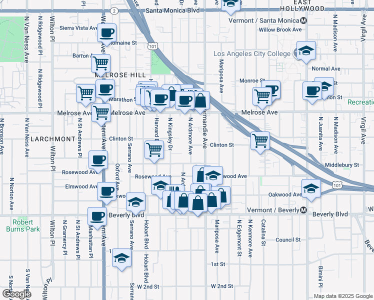 map of restaurants, bars, coffee shops, grocery stores, and more near 525 North Ardmore Avenue in Los Angeles