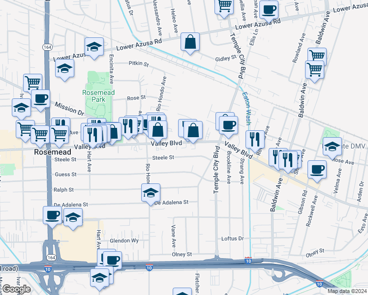 map of restaurants, bars, coffee shops, grocery stores, and more near 9536 Valley Boulevard in Rosemead