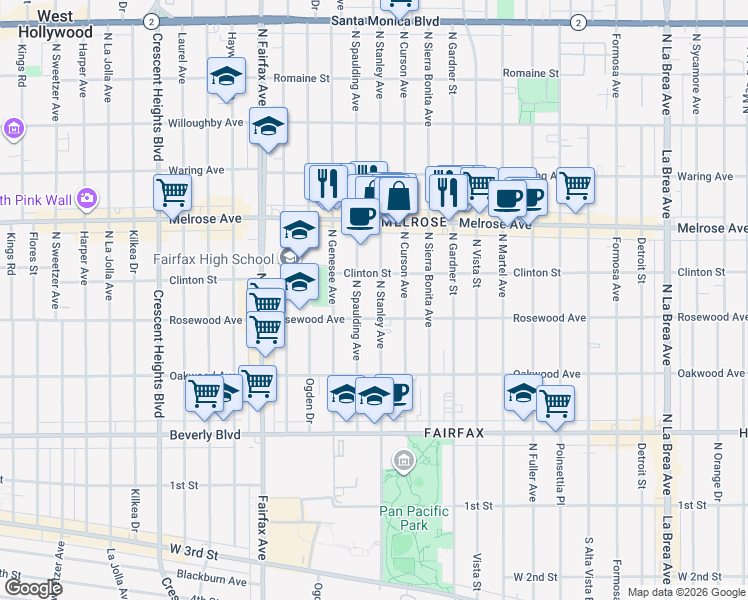 map of restaurants, bars, coffee shops, grocery stores, and more near 521 North Stanley Avenue in Los Angeles