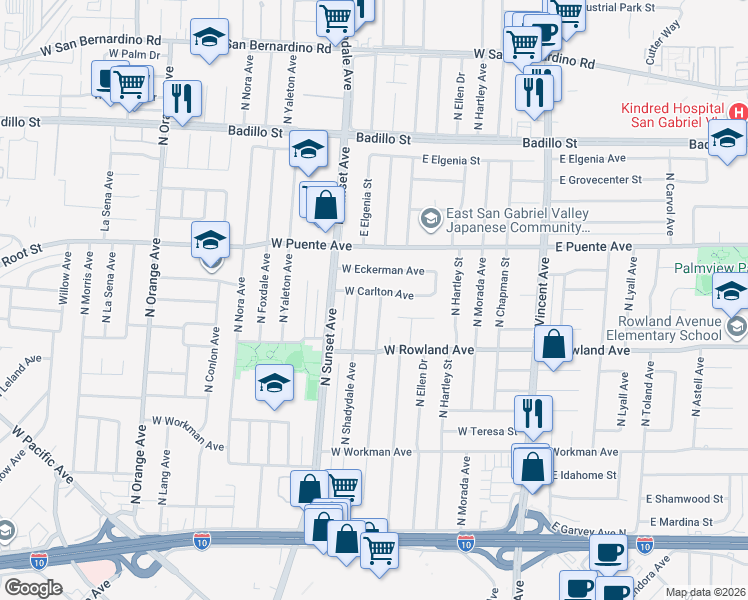 map of restaurants, bars, coffee shops, grocery stores, and more near 557 North Broadmoor Avenue in West Covina
