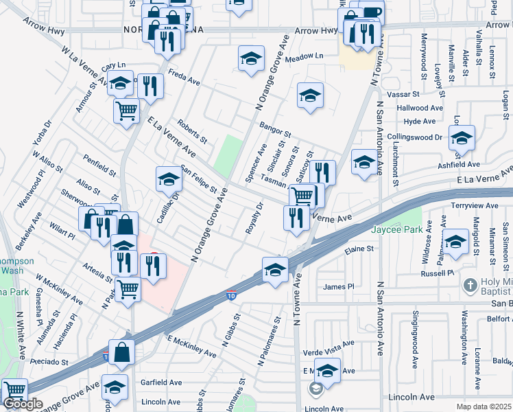 map of restaurants, bars, coffee shops, grocery stores, and more near 2057 Royalty Drive in Pomona
