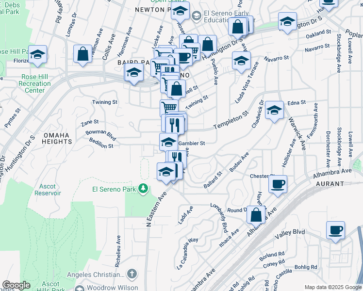 map of restaurants, bars, coffee shops, grocery stores, and more near 3423 Stockbridge Avenue in Los Angeles