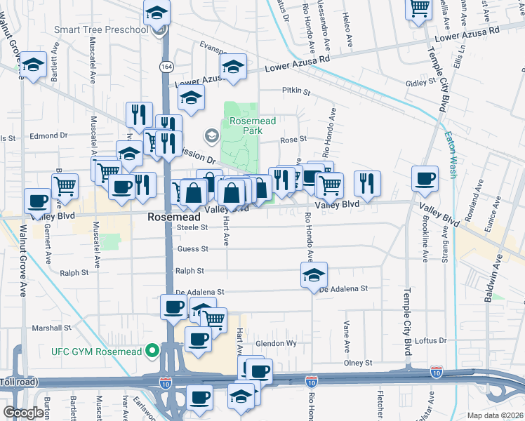 map of restaurants, bars, coffee shops, grocery stores, and more near 9266 Valley Boulevard in Rosemead