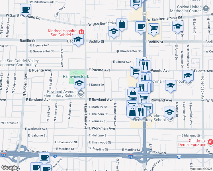 map of restaurants, bars, coffee shops, grocery stores, and more near 612 North Butterfield Road in West Covina