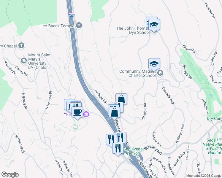 map of restaurants, bars, coffee shops, grocery stores, and more near 1101 Casiano Road in Los Angeles