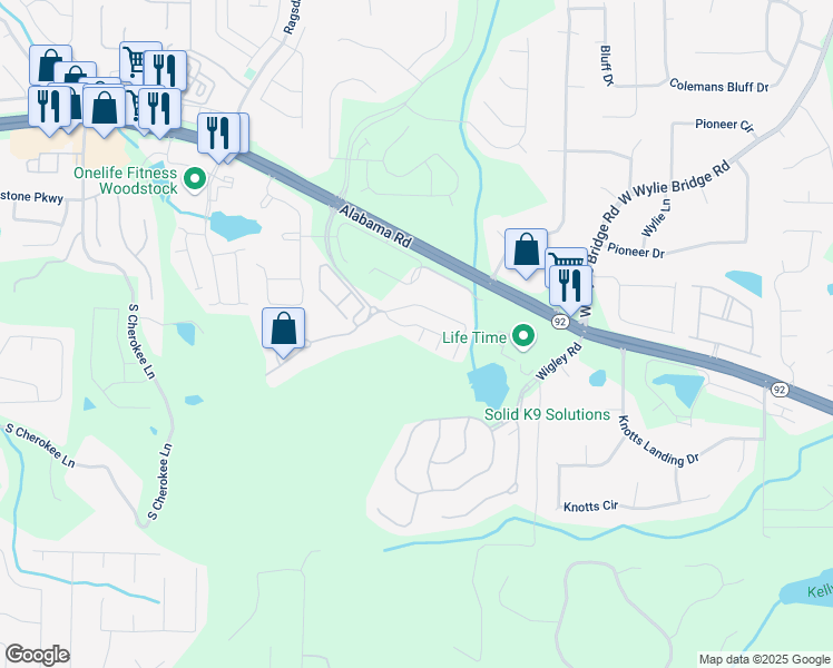 map of restaurants, bars, coffee shops, grocery stores, and more near 604 Tall Timbers in Woodstock