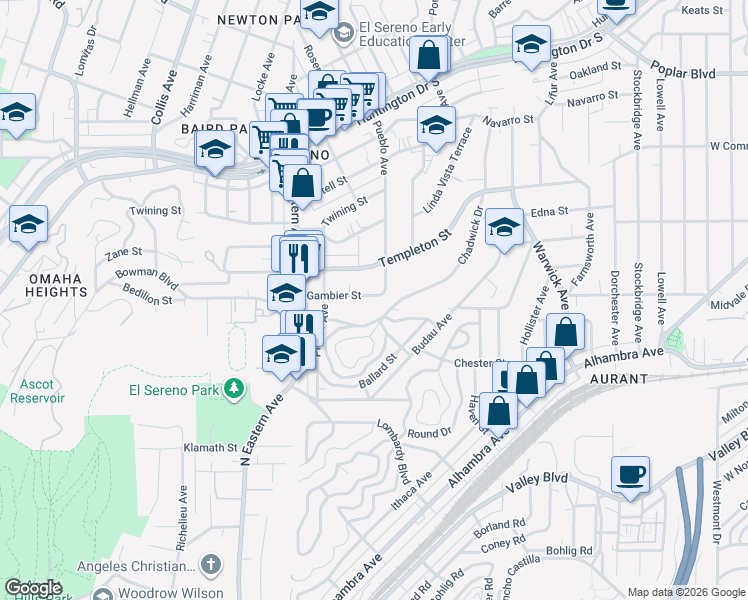 map of restaurants, bars, coffee shops, grocery stores, and more near 4962 Gambier Street in Los Angeles