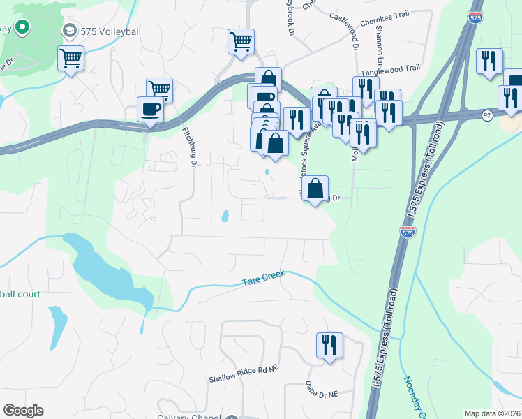 map of restaurants, bars, coffee shops, grocery stores, and more near 1000 View Drive in Woodstock