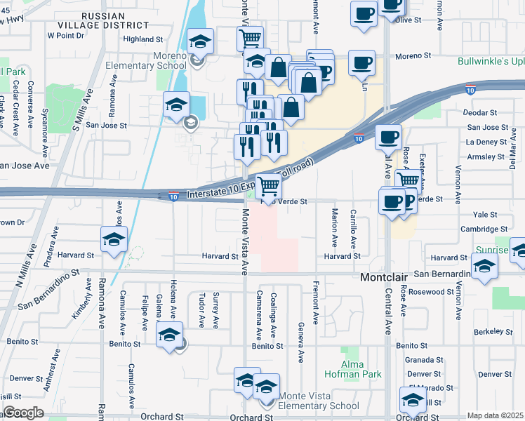 map of restaurants, bars, coffee shops, grocery stores, and more near 4936 Palo Verde Street in Montclair