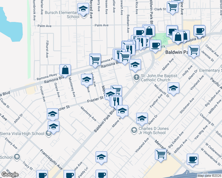 map of restaurants, bars, coffee shops, grocery stores, and more near 3821 Bresee Avenue in Baldwin Park