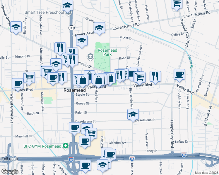 map of restaurants, bars, coffee shops, grocery stores, and more near 9266 Valley Boulevard in Rosemead