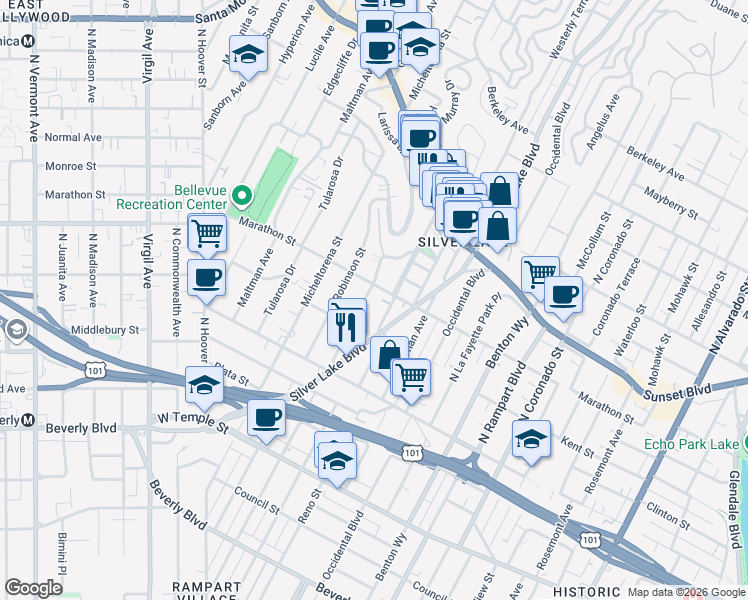 map of restaurants, bars, coffee shops, grocery stores, and more near 746 North Dillon Street in Los Angeles