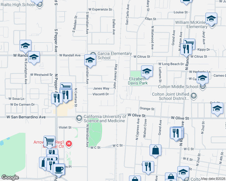 map of restaurants, bars, coffee shops, grocery stores, and more near 1221 Janes Way in Colton