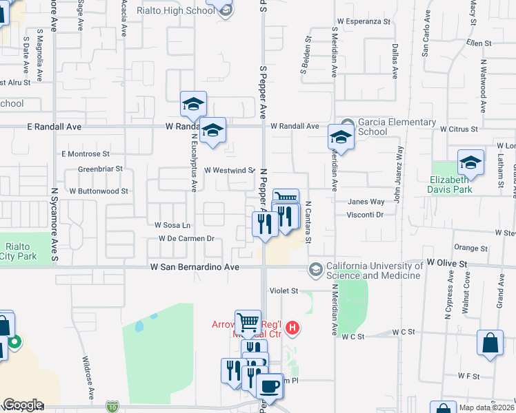 map of restaurants, bars, coffee shops, grocery stores, and more near 1650 West Admiralty Street in Colton