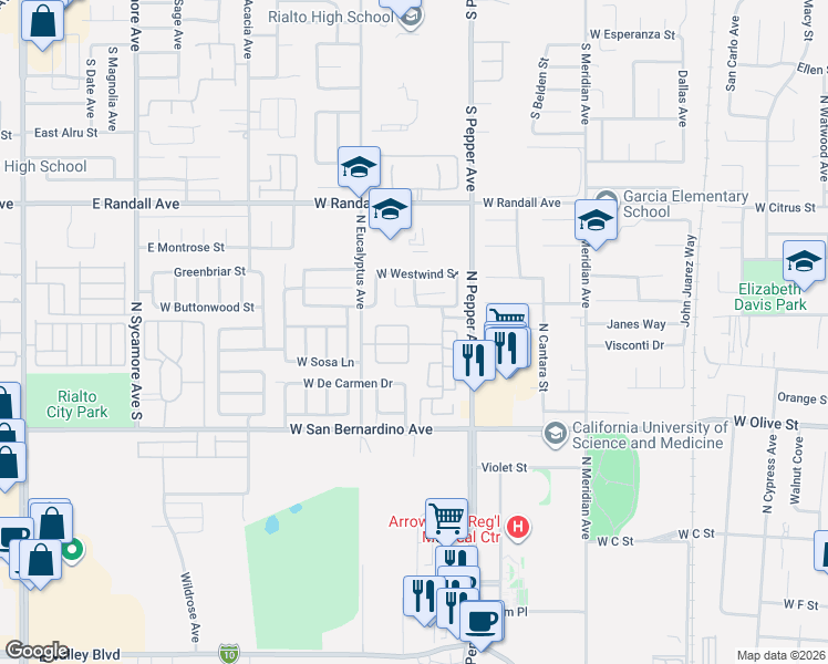 map of restaurants, bars, coffee shops, grocery stores, and more near 1834 West Admiralty Street in Colton