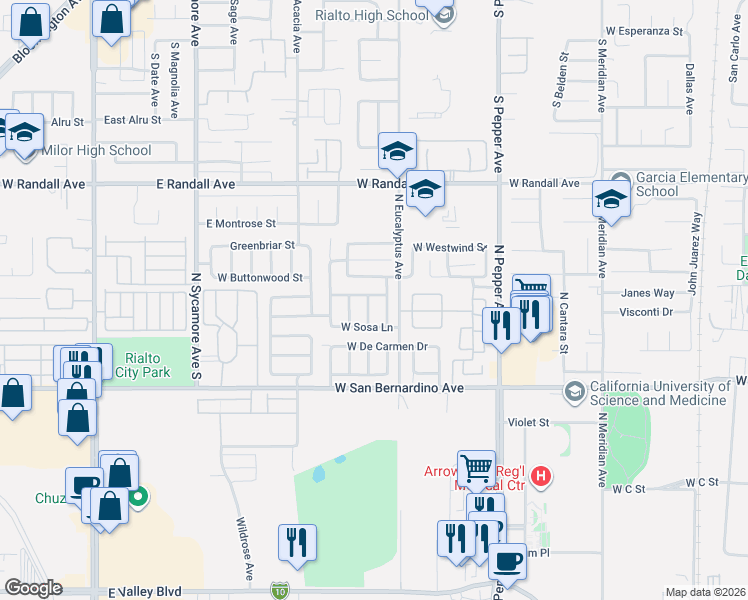 map of restaurants, bars, coffee shops, grocery stores, and more near 1934 West Admiralty Street in Colton