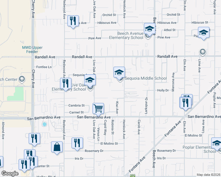 map of restaurants, bars, coffee shops, grocery stores, and more near 15036 Holly Drive in Fontana