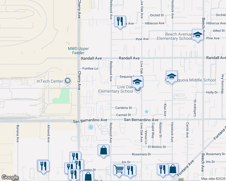 map of restaurants, bars, coffee shops, grocery stores, and more near 14679 Hawthorne Avenue in Fontana