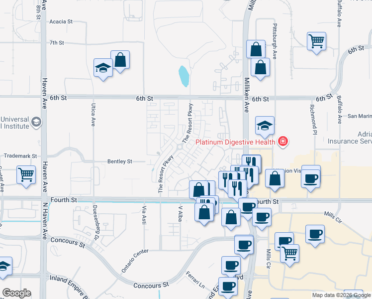 map of restaurants, bars, coffee shops, grocery stores, and more near The Resort Parkway in Rancho Cucamonga