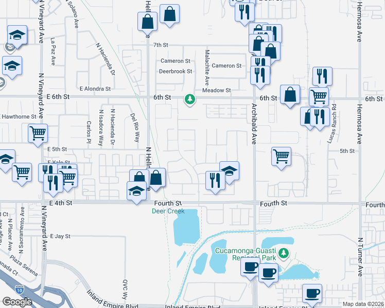 map of restaurants, bars, coffee shops, grocery stores, and more near 9473 Hearthside Court in Rancho Cucamonga
