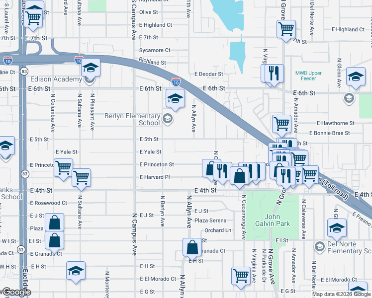 map of restaurants, bars, coffee shops, grocery stores, and more near 846 East 5th Street in Ontario