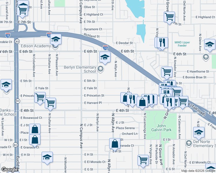 map of restaurants, bars, coffee shops, grocery stores, and more near 846 East 5th Street in Ontario