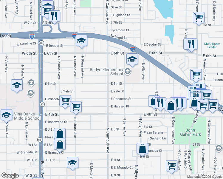 map of restaurants, bars, coffee shops, grocery stores, and more near 730 East 5th Street in Ontario