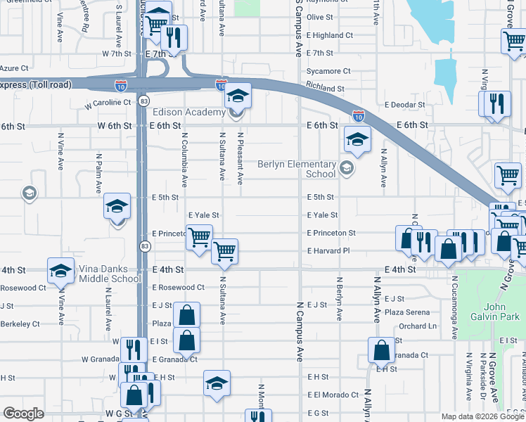 map of restaurants, bars, coffee shops, grocery stores, and more near 610 East 5th Street in Ontario