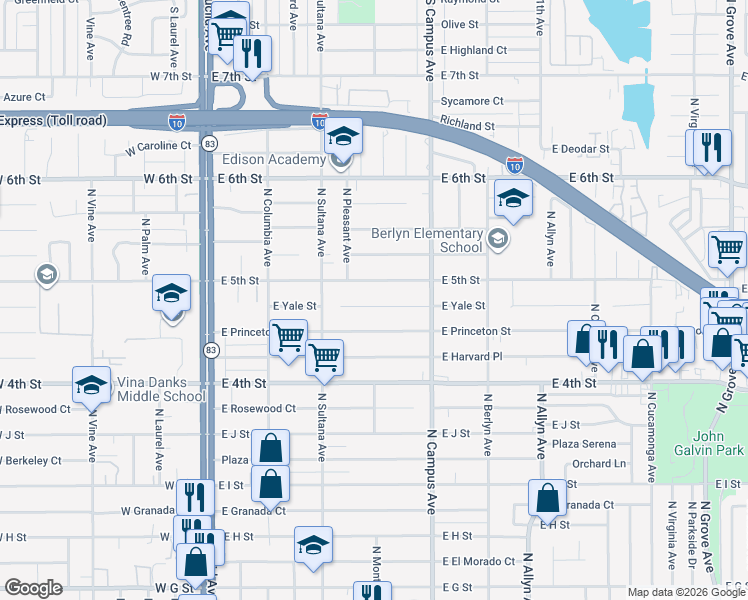 map of restaurants, bars, coffee shops, grocery stores, and more near 610 East 5th Street in Ontario