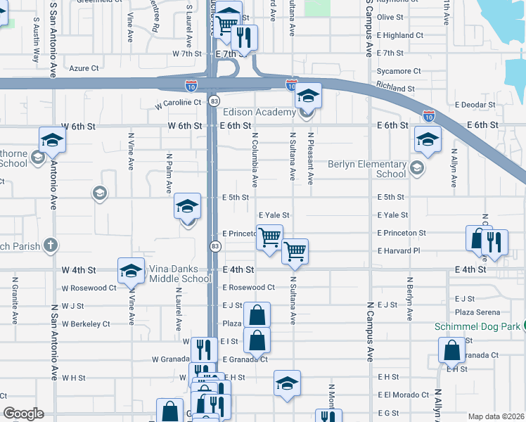 map of restaurants, bars, coffee shops, grocery stores, and more near 310 East 5th Street in Ontario