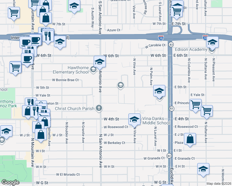 map of restaurants, bars, coffee shops, grocery stores, and more near 603 West 5th Street in Ontario